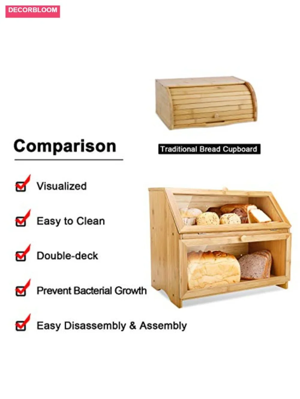 Double Layer Bamboo Bread Box with Clear Window, Large Capacity